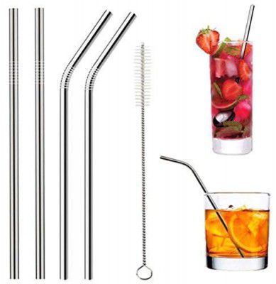 Prexo Reusable BPA-Free Metal, Thick, Long, Dishwasher Safe Stainless Steel Drinking Straws, 8.5 Inches (2 Bent + 2 Straight +1 Brush)