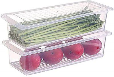 Primelife 2 Pcs Plastic Storage Boxes fridge organizers box for kitchen with removable drain plate and airtight lid fridge storage box containers for vegetables - Transparent (Fish Basket)(2)