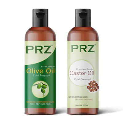 PRZ Combo of Extra Virgin Olive Oil & Castor Oil (Each 100ml) - Pure Natural For Aromatherapy Body Massage, Skin Care & Hair Growth