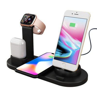 PTron Bullet Wx4 3 in 1 Multi-Function Charging Stand for iOS Devices, 10W Qi Wireless Charging, 360° Rotatable Charging Dock for Micro USB/Type-C/iOS Smartphones (Black)