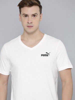 PUMA  Men Solid V Neck Pure Cotton White T-Shirt