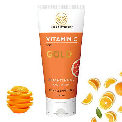 Pure Ethics® Brightening Vitamin-C and Gold Face Wash with Aloe Vera Extract - For All Skin Types - No Parabens, Sulphate, Silicones & Color - FDA Approved (100 ml)