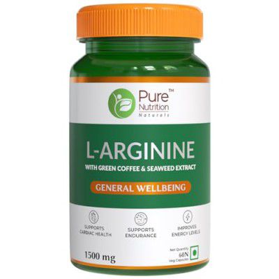 Pure Nutrition L-Arginine 1500mg Supplement Green Coffee, Seaweed & Beetroot Extract for Men & Women - 60 Veg Capsules