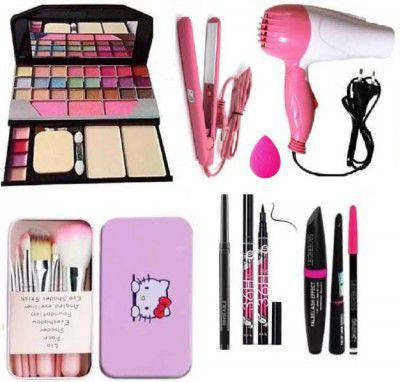 QEQEQ MAKEUP KIT,7 BRUSH,DRYER,STRAIGHTENER,PUFF,KAJAL,EYELINER,3IN1 ( PERFECT COMBO )