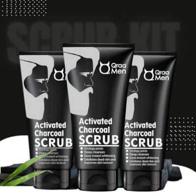 Qraa Men Activated Bamboo Charcoal Scrub with Essential Oils (100gm*3) Pack of 3