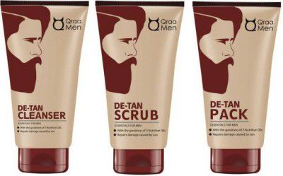 Qraa MEN DE-TAN CLEANSER FOR MEN 100gm + DE-TAN SCRUB FOR MEN 100GM + DE-TAN PACK FOR MEN 120GM  (3 Items in the set)