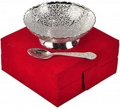 R Ayurveda Copper Metal Floral Bowl with Royal Velvet Box 3 Inch 2 Pieces Set Silver