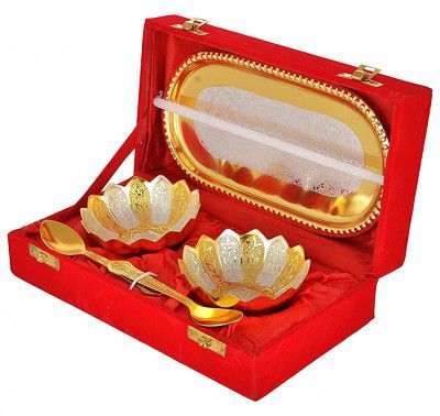 R Ayurveda Copper™ Silver/Gold Kamal Bowl Set with Royal Velvet Box- Capsul 5 PCS Set