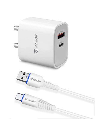 RAEGR RapidLink 250 20W Adapter |Made in India| PD+QC USB Wall Charger with USB-A to Type-C Cable | BIS Certified Compatible with iPad, iPhone, Galaxy, Tablets, Other Phones - White RG10318