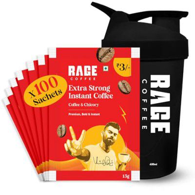 Rage Coffee Extra Strong Premium Blend Coffee Powder Sachets (Pack of 100) | Instant Coffee & Chicory - 100% Arabica Beans for Hot & Cold coffee + Multi-purpose Shaker 400 ml