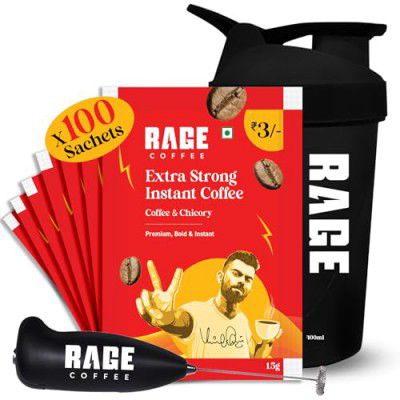 Rage Coffee Extra Strong Premium Blend Coffee Sachets - (Pack of 100) | Premium, Bold & Instant | Makes 100 Cups | Instant Coffee Sachets & Chicory- 100% Arabica Beans for Hot & Cold coffee Powder + M