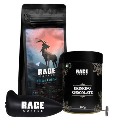 Rage Coffee South Indian Filter Coffee Powder (250g) + Drinking Chocolate Powder (100g) Bundle with Frother | Perfect for Coffee and Hot Chocolate Lovers