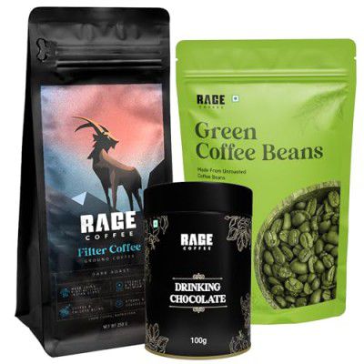 Rage Coffee South Indian Filter Coffee Powder (250g) + Drinking Chocolate Powder (100g) + Green Coffee Beans (200g) | Gourmet Coffee and Chocolate Powder Combo for Coffee Enthusiasts