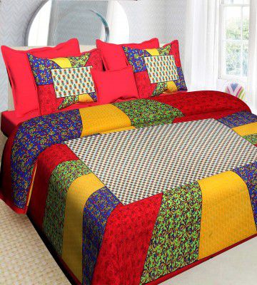 RajasthaniKart Comfort Rajasthani Jaipuri Traditional Sanganeri Print 144 TC Cotton Double Size Bedsheet with 2 Pillow Covers (Double, Red)