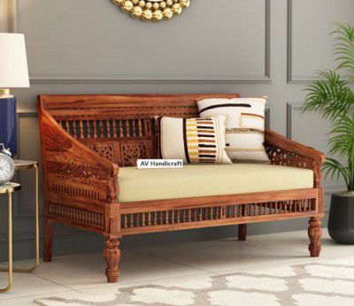 RAMA HANDICRAFT Solid Sheesham Wood Sofa Set for Living Room | Sofas | Wooden Sofa Set (Honey Teak & Cream, 2 Seater)