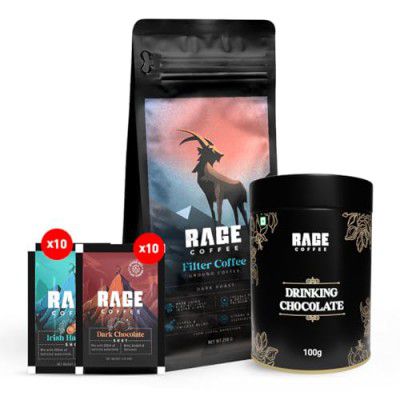 Rapid Brew Mix Combo (Drinking Chocolate 100g + South Indian Filter Ground Coffee 250g + Irish Hazelnut | 10 Sachets + Dark Chocolate | 10 Sachets)