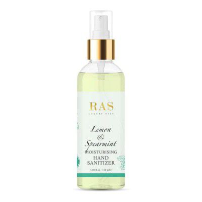 RAS Luxury Oils Lemon & Spearmint Moisturising Hand Sanitiser Spray | Gentle & Safe | Free of Added Fragrance or Toxins | Powered with Essential Oils | Kills 99.9% Microbes | Easy to Use, 50ml