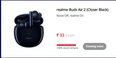 Flash Sale at 12 PM - Realme Buds Air 2 (Closer Black) at ₹33