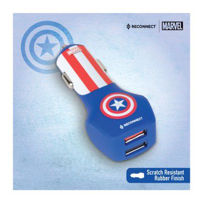 Reconnect Marvel Captain America QC 3.0 18 Watts Mobile Car Charger, Scratch resistant, Qualcomm quick charge 3.0, 2 USB outputs, Car Accessories- DCC301 CA