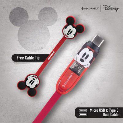 Reconnect Disney Mickey Mouse Dual Cable, Micro USB & Type C, Charge & Sync, Premium Flat cable design, 1m long -DCB301 MY