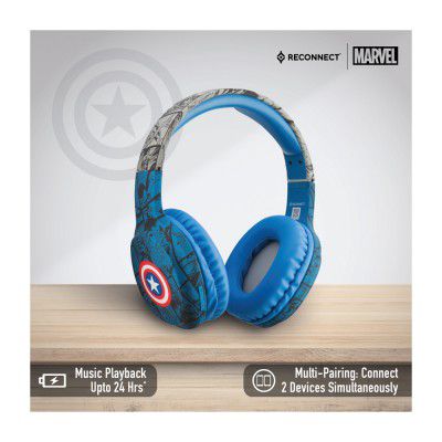 Reconnect Marvel Captain America On Ear Wireless Headphone with built in mic, Sweat resistant, Siri/Alexa/GoogleOk compatible, 24hrs playtime, Super hero Design - DBTH302 CA