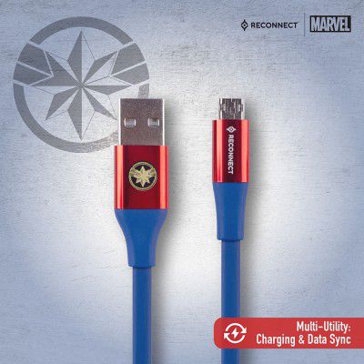 Reconnect Marvel Captain Marvel Reversible Cable, Double sided connectivity, Charge & Sync, Premium Flat cable design, 1m long - DCB102 CM