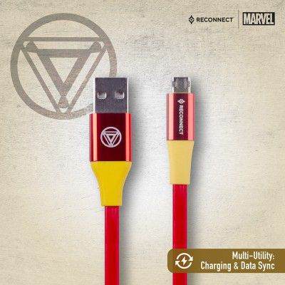 Reconnect Marvel Iron Man Reversible Cable, Double sided connectivity, Charge & Sync, Premium Flat cable design, 1m long - DCB102 IM