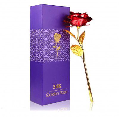 Red Rose Flower with Golden Leaf with Gift Box with Carry Bag