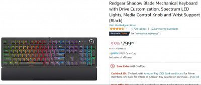 Redgear Shadow Blade Mechanical Keyboard with Drive Customization, Spectrum LED Lights, Media Control Knob and Wrist Support (Black)