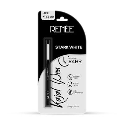 RENEE Kajal Pen with Sharpener - Stark White 0.35gm 24 Hrs Stay Long Lasting Kohl Pencil, Matte Finish, Rich Color Payoff, Smudge & Water Proof with One Swipe Application Formula