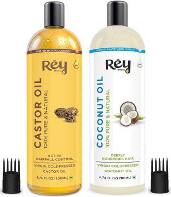 Rey Naturals Cold-Pressed, 100% Pure Castor Oil & Coconut Oil - Moisturizing & Healing, For Skin, Hair Care, Eyelashes (200 ml + 200 ml) super saver combo Hair Oil  (400 ml)