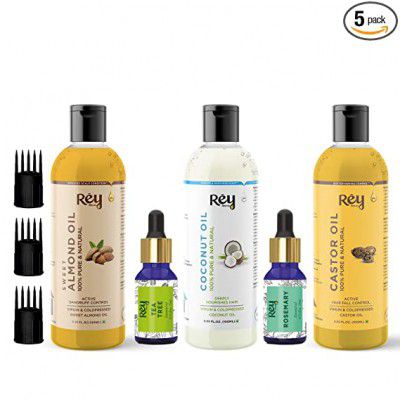 Rey Naturals Complete Hair Care Kit- Castor Oil+Coconut Oil+Almond Oil+Rosemary Oil+Teatree Oil