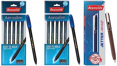 Reynolds AEROSLIM BP 5 CT POUCH - (PACK OF 2) | BLUE | 0.7mm Tip Size & Reynolds JETTER AEROSOFT RETRACTABLE BLUE - 1 COUNT | 0.7mm Tip Size