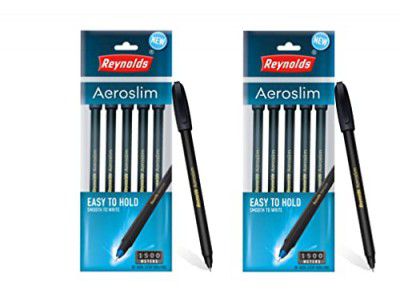 Reynolds AEROSLIM BP - BLACK (PACK OF 10) I Lightweight Ball Pen With Comfortable Grip for Extra Smooth Writing I School and Office Stationery | 0.7mm Tip Size | Pen for BTS