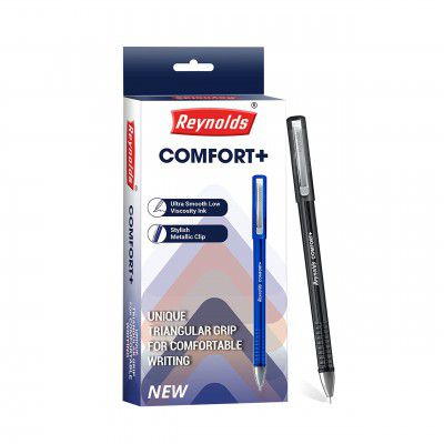 Reynolds COMFORT+ BALL 10CT HANGER – BLACK I Lightweight Ball Pen With Comfortable Grip for Extra Smooth Writing I School and Office Stationery | 0.6mm Tip Size