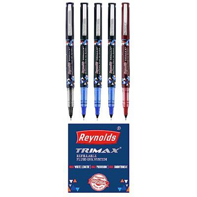 Reynolds TRIMAX 5 COUNT POUCH, 3 BLUE, 1 BLACK, 1 REDI Lightweight Roller Pen With Comfortable Grip for Extra Smooth Writing I School and Office Stationery | 0.5mm Tip Size