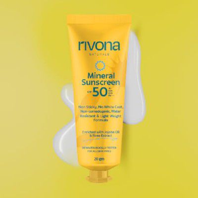 Rivona Naturals Mineral Sunscreen with Spf 50 | Rose + Shea Butter| Non-Sticky & Water resistant | UVA UVB Protection |PA +++ | For Men & Women & Kids | All Skin types | 20 gm