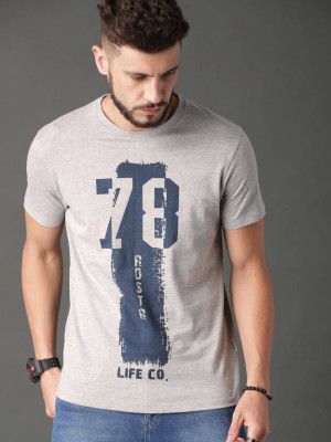 Roadster Men Printed, Typography Round Neck Pure Cotton Grey T-Shirt