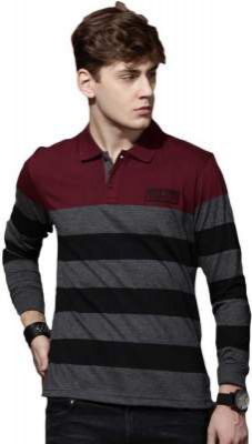 Roadster Striped Men Polo Neck Black Grey T-Shirt