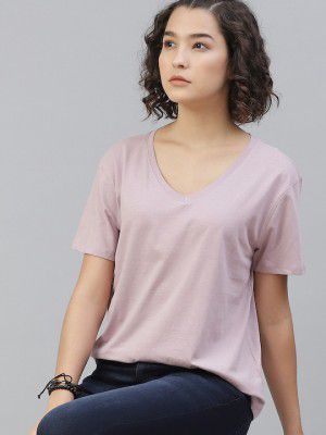 Roadster The Lifestyle Co Women Lavender Solid Pure Cotton V-Neck Pure Cotton T-shirt