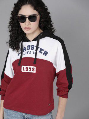 Roadster Women White 8 & Maroon Colour blocked Hooded Sweatshirt