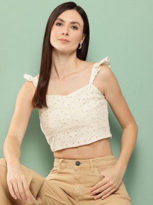 RoadsterThe Lifestyle Co. Off White Square Neck Flutter Sleeves Schifili Cotton Crop Top