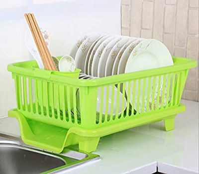 ROKOO Omkar s 3 in 1 Kitchen Sink Dish Drainer Drying Rack Utensils Washing Holder Plastic Basket Organizer with Tray and Utensil Cutlery Holder Cup (Green)