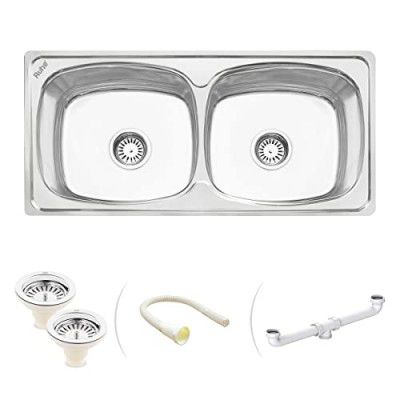 Ruhe Oval Double Bowl 37 x 18 x 8 inches Kitchen Sink | Premium Stainless Steel Oval Double Bowl Kitchen Sink | Glossy Finish | Sink Coupling and Waste pipe - Bright Silver