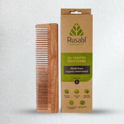 Rusabl Neem Dual Tooth Comb Without Handle For Men And Women, Pure Neem Wood, 100% Wooden, Comb With Wooden Teeth (Fine tooth)