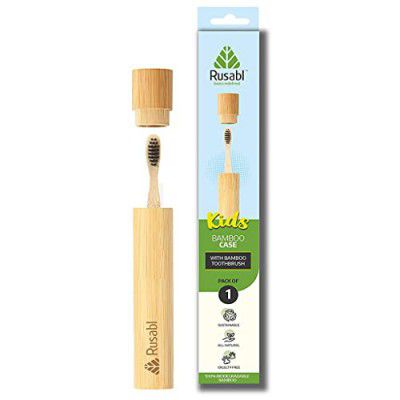 Rusabl Organic Bamboo Toothbrush with Bamboo Case for Kids, Travel-Friendly, Charcoal Activated Soft Bristles, Biodegradable & Anti-Bacterial, Eco-friendly & Natural (Pack of 1)