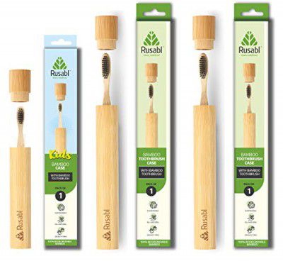 Rusabl Organic Bamboo Toothbrush with Bamboo Case for Adults & Kids, (Pack of 3, 2 Adults & 1 Kid)