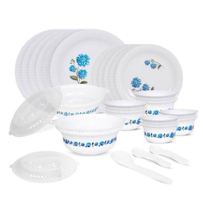 RYLAN Blue Dinner Set | 36 Pieces for Family of 6| White