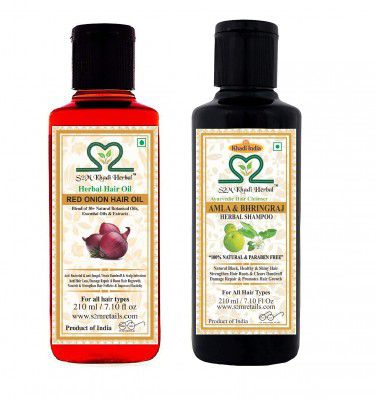 S2M KHADI HERBAL Ayurvedic Hair Care Kit - Amla Bhringraj Shampoo + Red Onion Hair oil (210 ml each)