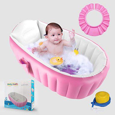 Safe-O-Kid Baby Bath Tub with Multipurpose Baby Shower Hat/Cap, European Safety Standard Inflatable Bathtub with Air Pump + Elegant Colorful Box for Extra Safety- Pink